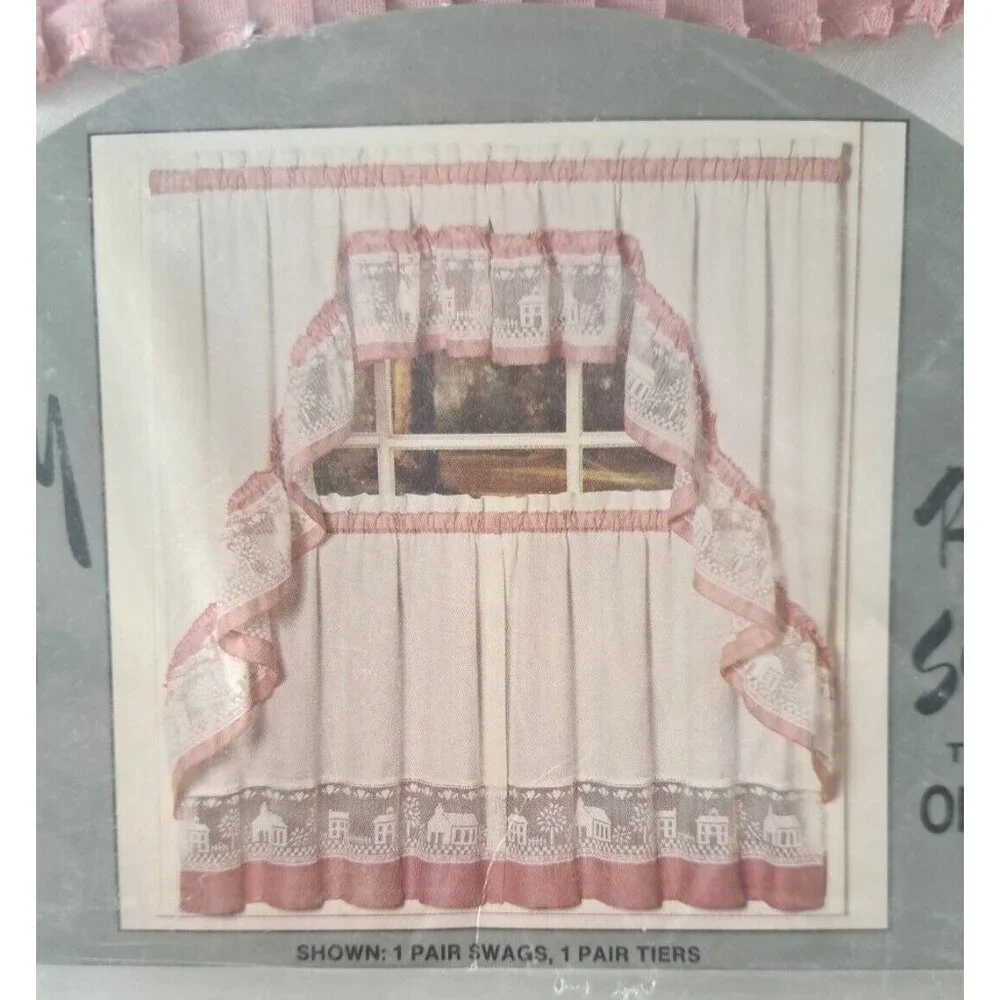 NEW Vintage Lace Window Swags Valance One Pair Pink Lace Ruffled Village 64x38